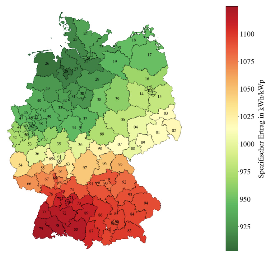 Spezifischer Ertrag in kWh/kWp in geneigter Modulebene (Südausrichtung, 30° Modulneigung) für Photovoltaikanlagen in Deutschland im Kalenderjahr 2017