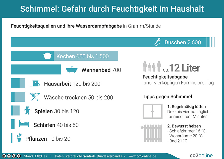 Feuchtigkeitsquellen im Haushalt und ihre Wasserdampfabgabe in Gramm pro Stunde