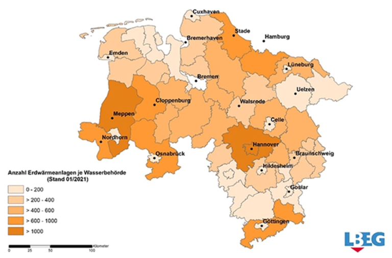 Erdwärme-Nutzung in Niedersachsen 2020 (Grafik: Landesamt für Bergbau, Energie und Geologie (LBEG))