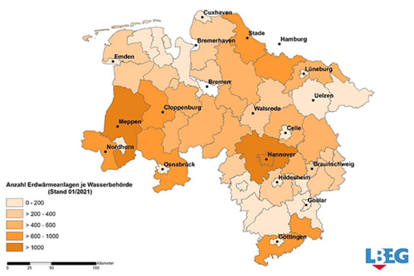 Erdwärme-Nutzung in Niedersachsen 2020 (Grafik: Landesamt für Bergbau, Energie und Geologie (LBEG))