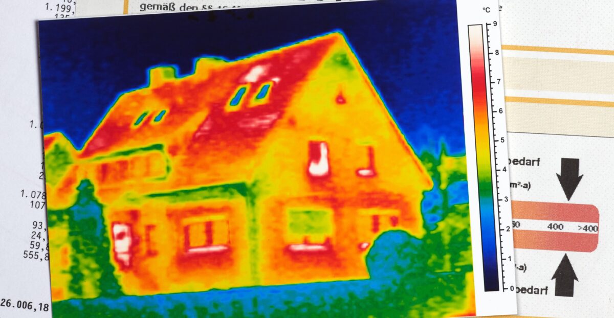 Thermografie einer ineffizienten Gebäudehülle auf einem Energieausweis liegend, der einen hohen Energiebedarf anzeigt