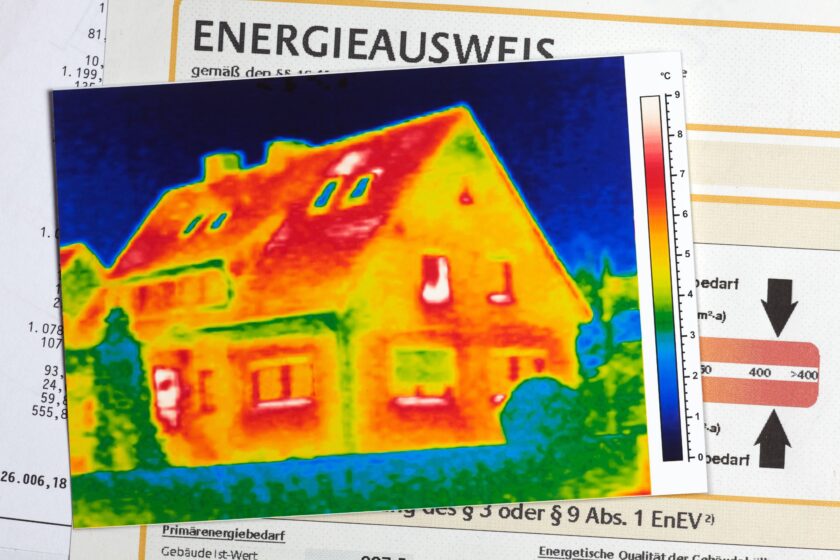 Thermografie einer ineffizienten Gebäudehülle auf einem Energieausweis liegend, der einen hohen Energiebedarf anzeigt