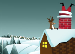 Rudolph sieht den Weihnachtsmann im Schornstein feststecken
